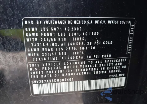 2019 Volkswagen Tiguan 2.0T Se/2.0T Sel/2.0T Sel R-Line/2.0T Sel R-Line Black from USA, damaged, VIN 3VV2B7AX6KM007401